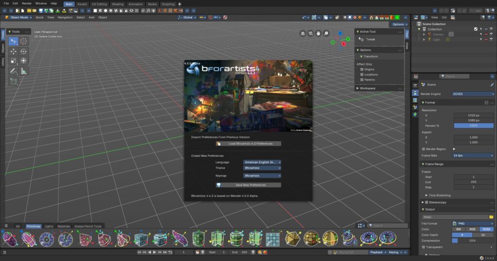 Screenshot of Bforartists 4.4.3 showing the new default smart primitives in the asset shelf of the 3D View.