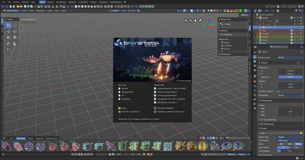 Screeen shot of the default Bforartists 4.5.2 interface.