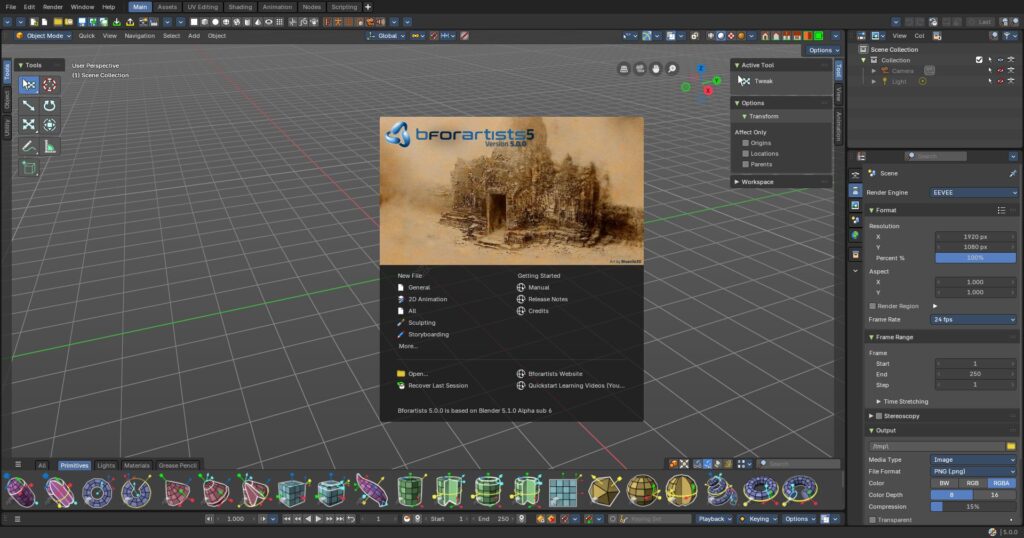 Bforartists 5.0.0 startup interface showing splash screen with sepia-toned artwork